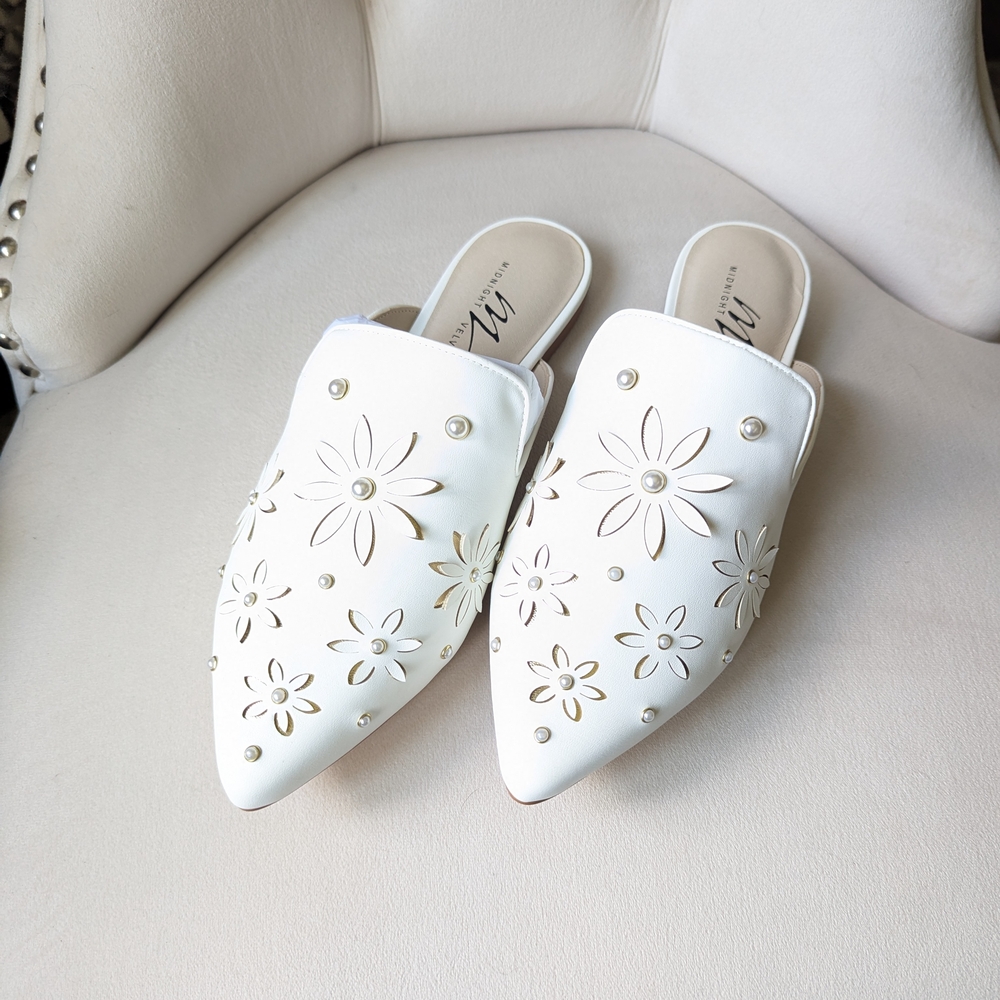 Midnight Velvet White Floral Cutout Mules